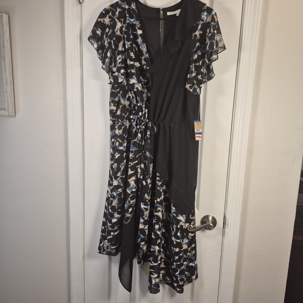 Rachel Roy XL Elegant Black Blue Animal Mixed Print Wrap Dress Ruffle Midi - Picture 2 of 8